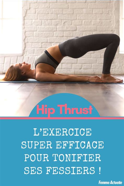A Woman Doing A Yoga Pose With The Words Hip Thrust On It And Below Her