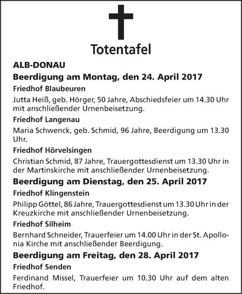 Traueranzeigen Von Totentafel Vom Schwaebische De Trauerportal