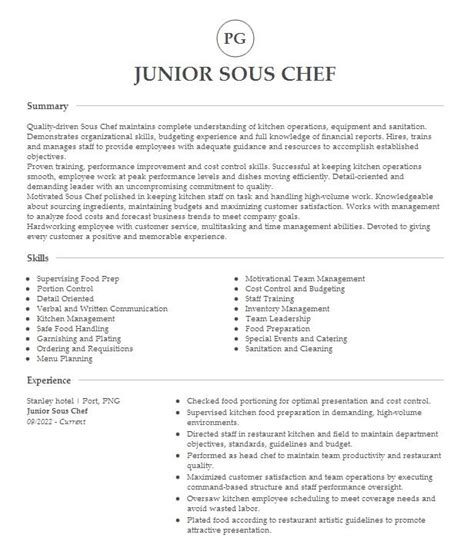 Junior Sous Chef Resume Example