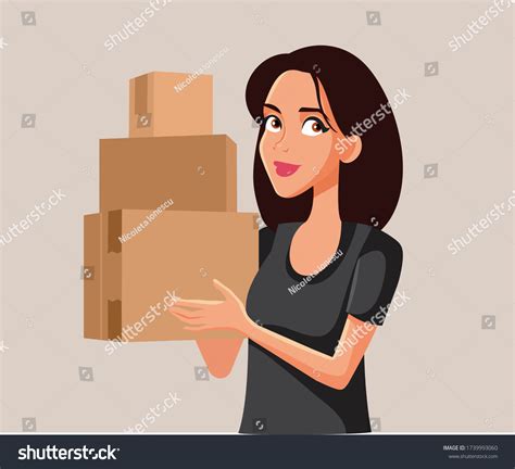 Cute Woman Holding Cardboard Boxes Vector Stock Vector Royalty Free 1739993060 Shutterstock