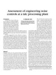 CDC Mining Assessment Of Engineering Noise Controls At A Talc