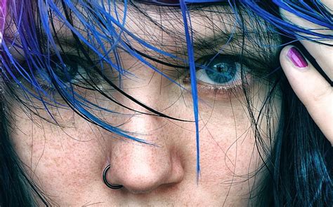 hd wallpaper blue eyes piercing women blue hair pierced nose face close up wallpaper flare