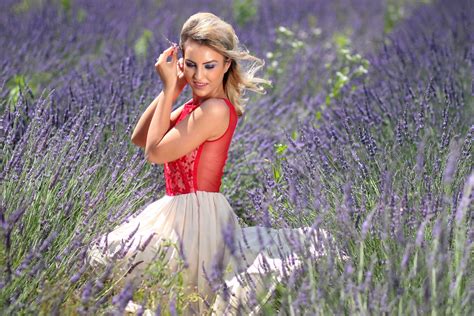 blonde girl red dress lavender field 4k hd girls 4k wallpapers images backgrounds photos