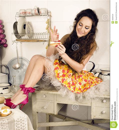 Crazy Beauty Brunette Housewife On Kitchen Cooking Stock Photo Image
