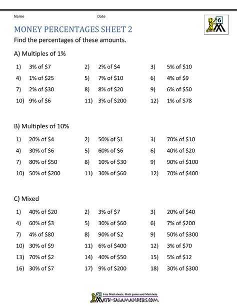 Percents Of Numbers And Money Amounts Worksheets