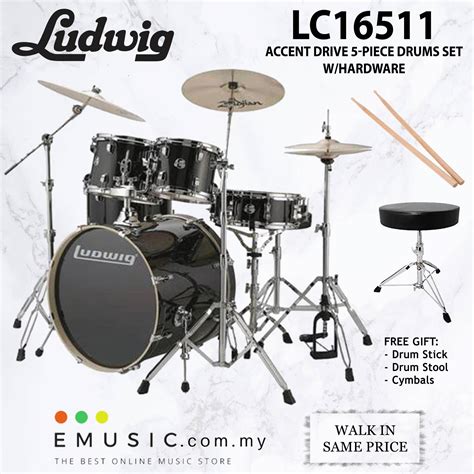 Ludwig Lc16511 Accent Drive 5 Piece Acoustic Drums Set With Hardware