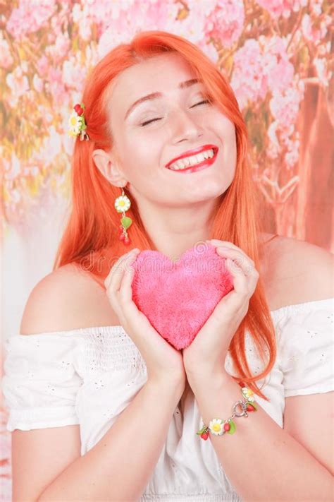 Girl Holds Heart Shape Red Fluffy Soft Pillow For Valentine S Day Love