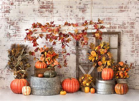 Rustic Fall Photography Backdrop Door White Washed Brick Leaves