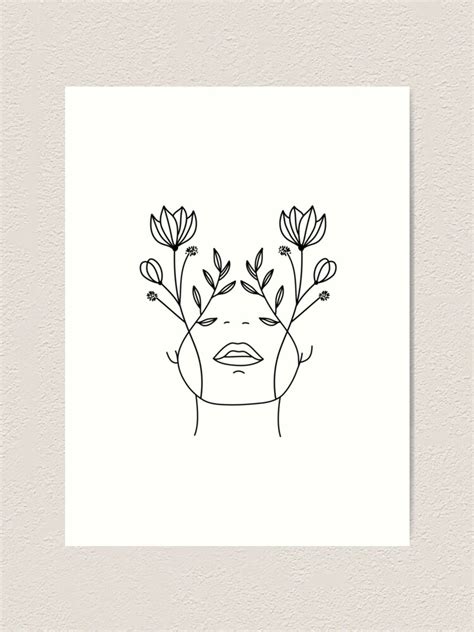 Minimalist black white drawing artwork. "Flower Face Woman Minimal Line Art" Art Print by ...