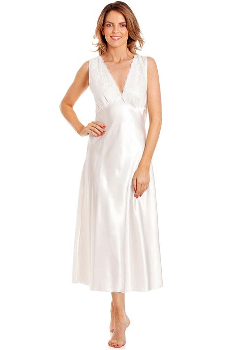 Ladies Long Satin Nightdress Nightie Built Up Shoulder Lace Detail Uk