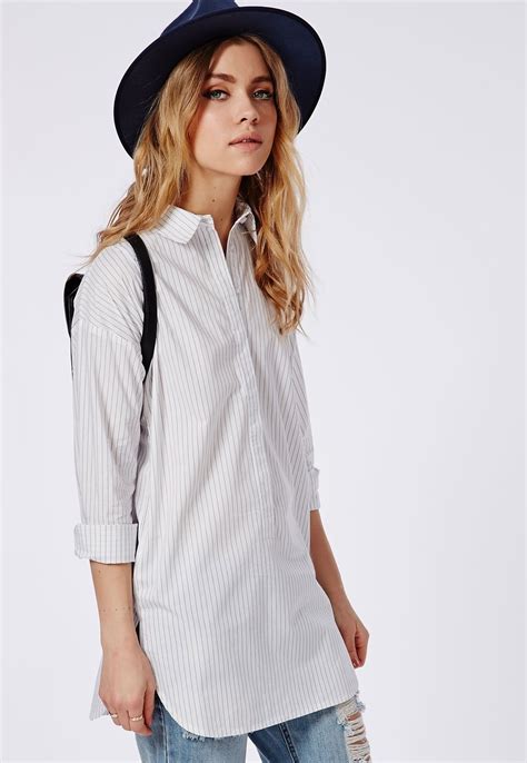 Missguided Longline Pinstripe Oversized Shirt White Women Shirts