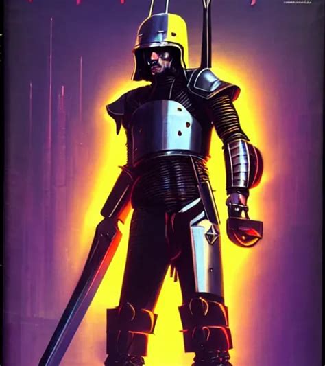 A Cyberpunk Paladin In Heavy Armor Wearing A Crusaders Stable