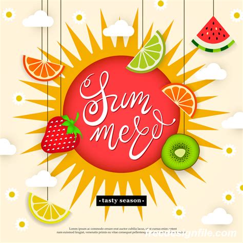 Summer Tropical Fruits Sun Clouds Flowers Vector 02 Welovesolo