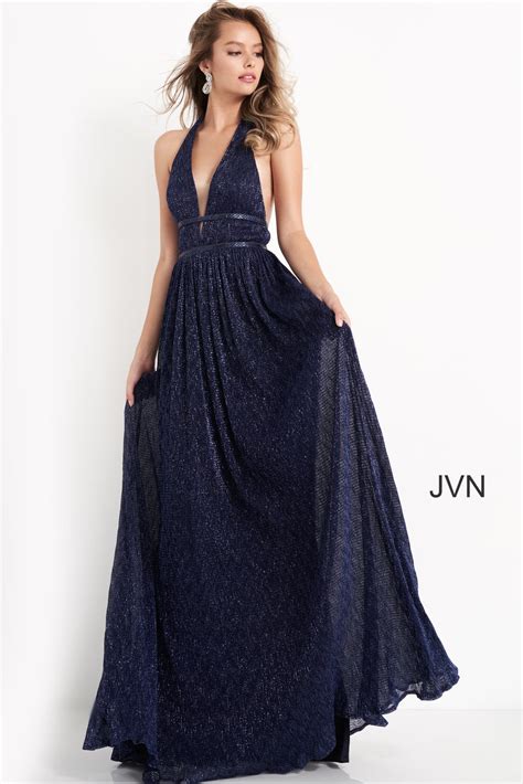 Jvn05815 Navy Backless Plunging Neckline Maxi Prom Dress