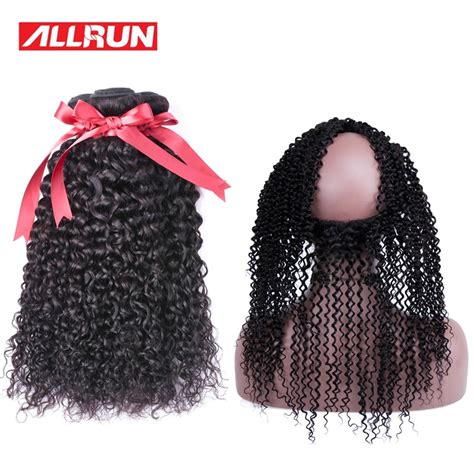 Allrun Brazilian Kinky Curly Human Hair Bundles With Closure 360 Lace Frontal Non Remy Bundles