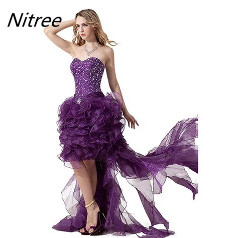 purple a line organza prom dresses high low sweetheart neck beads crystals gorgeous sleeveless