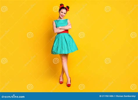 Full Length Body Size View Of Lovely Cheerful Girl Wearing Teal Dress Folded Rams Isolated On