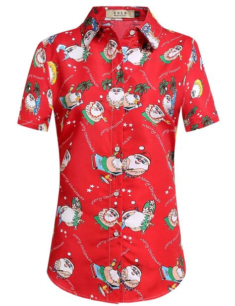 SSLR Womens Button Down Shirts Santa Claus Short Sleeve Blouse Hawaiian Christmas Shirts For