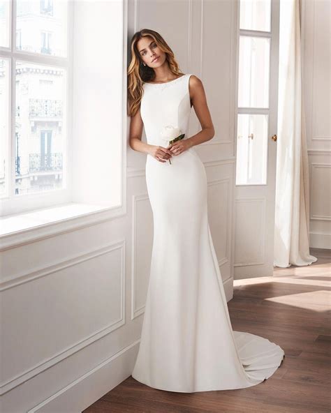 Sheath Style Wedding Dress In Crepe With Bateau Neckline Train And