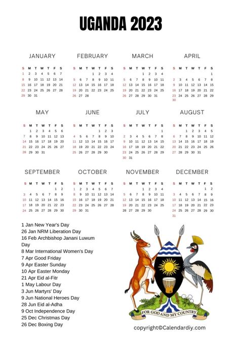 Printable Uganda Calendar 2023 With Public Holidays