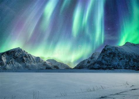 Aurora Borealis Northern Lights Above On Snowy Mountain In Skagsanden