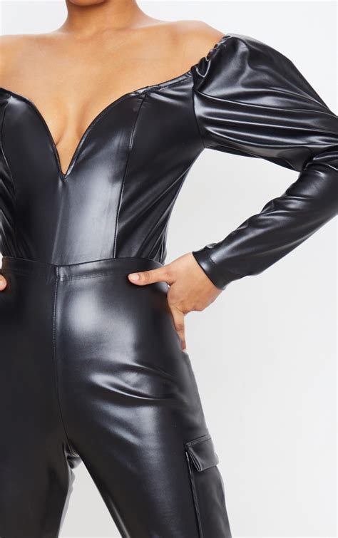 Black Faux Leather Bardot V Wire Puff Bodysuit Prettylittlething