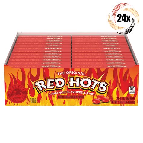 full box 24x packs original red hots cinnamon flavored candy 9oz