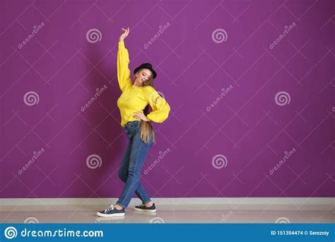 Beautiful Young Woman Dancing Near Color Wall Stock Photo Image Of