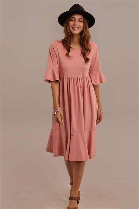 Length Bell Sleeve Round Neck Summer Midi Mom Dress With Pocket