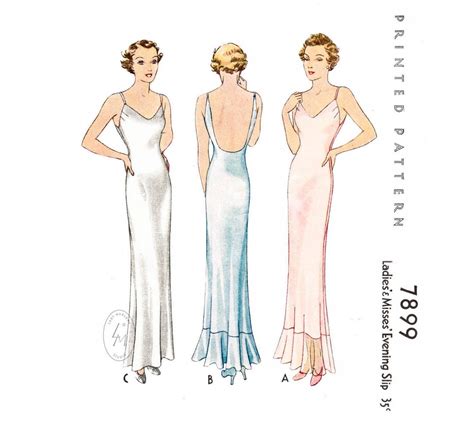 1930s 30s Vintage Slip Dress Sewing Pattern Bias Cut Gown Evening