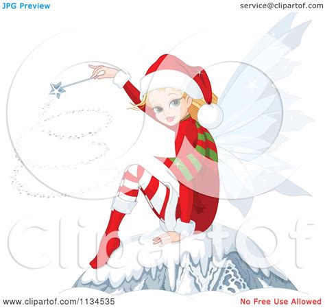 Cartoon Of A Christmas Fairy Using A Magic Wand And Sitting In Snow