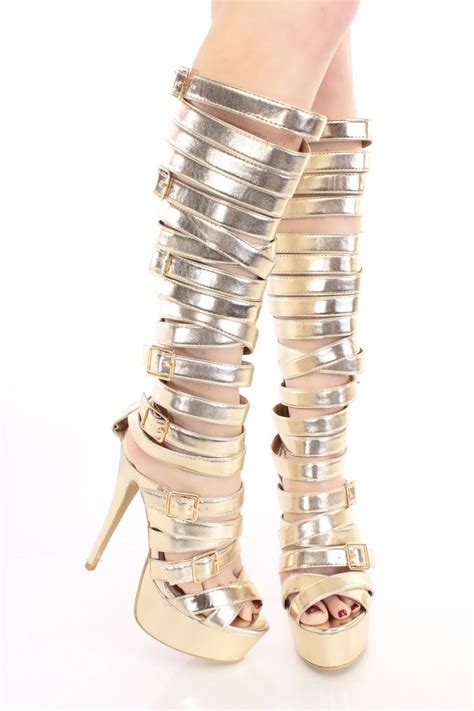 Gold Strappy Gladiator Heels Faux Leather Heels Gladiator Heels