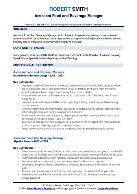A detailed guide to resume formats. Assistant Food and Beverage Manager Resume Samples | QwikResume
