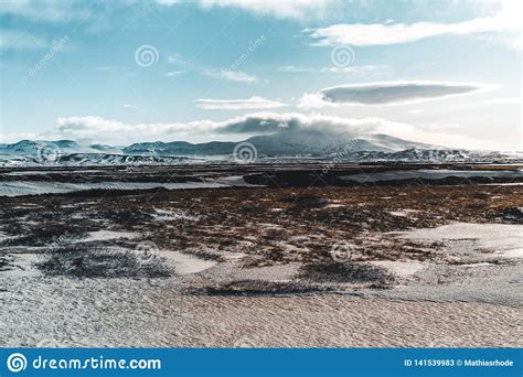 Beautiful Highland Iceland Blue Lake Near Hekla Among Snow Mountains
