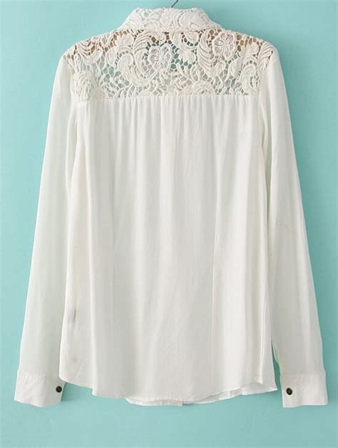 white long sleeve contrast lace embroidery blouse shein sheinside