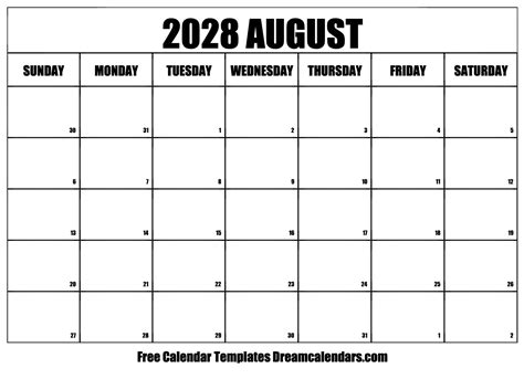 August 2028 Calendar Free Printable With Holidays And Observances