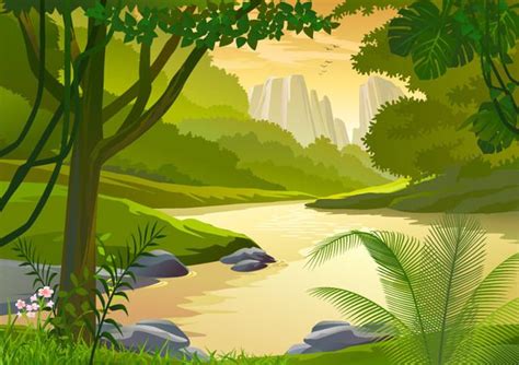 Forest Side River Cartoon Landscape Free Vector Forest Illustration