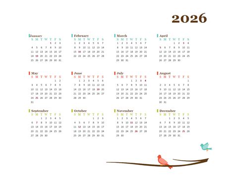 2026 Yearly Calendar Bird Template Free Printable Templates