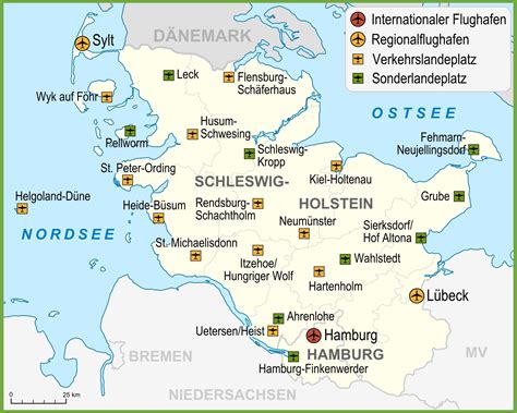 Along the baltic coast are sheer cliffs indented by fjords. Map of airports in Schleswig-Holstein