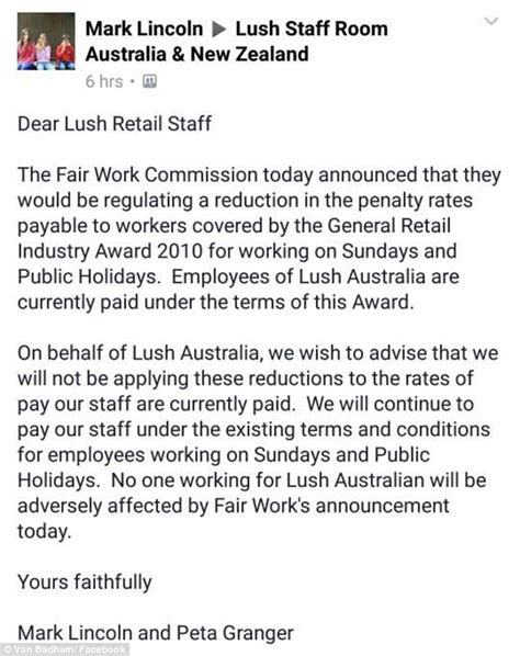 Lush Wont Slash Penalty Rates After Fair Work Decision Daily Mail Online