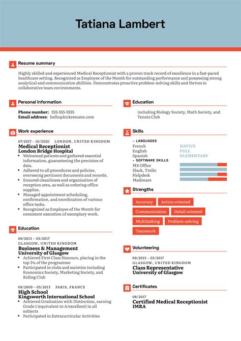 Medical Receptionist Resume Sample | Kickresume
