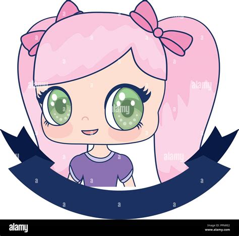 Cute Anime Girl Portrait Cartoon Ribbon Vector Illustration Stock