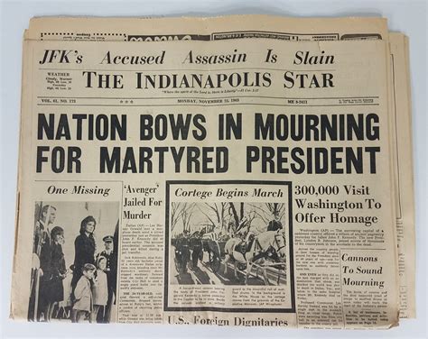 The Indianapolis Star JFK Assassined Headline Newspaper Nov 25 - Etsy
