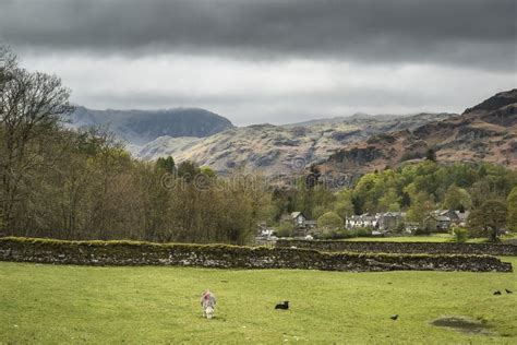 Lake District Landscape With Stormy Sky Over Countryside Anf Fie Stock