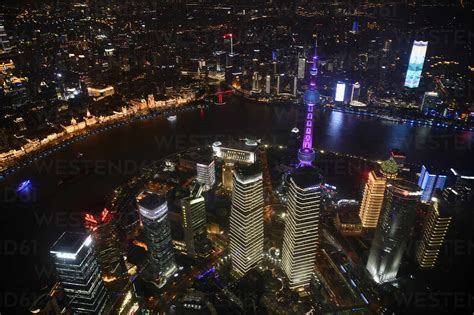 China Shanghai Aerial View Of Lujiazui At Night Stock Photo