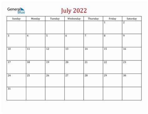 July 2022 Monthly Calendar Pdf Word Excel