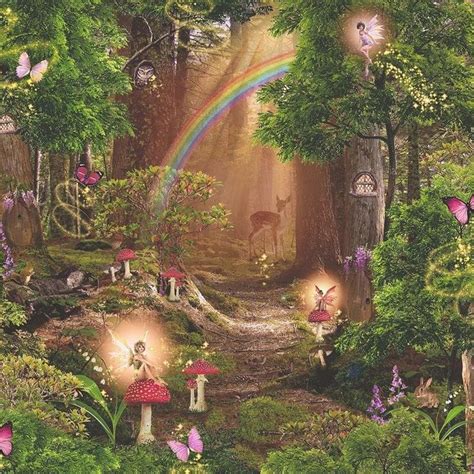 Childrens Pixie Trees Fairy Wallpaper Red Green Brown Magic Garden