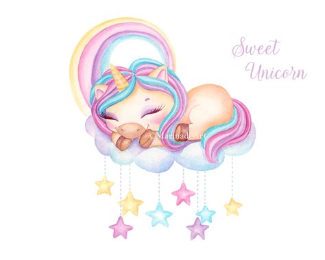 Unicorns Sleep Cloud Rainbow Baby Unicorn Sweet Dreams Cute Etsy
