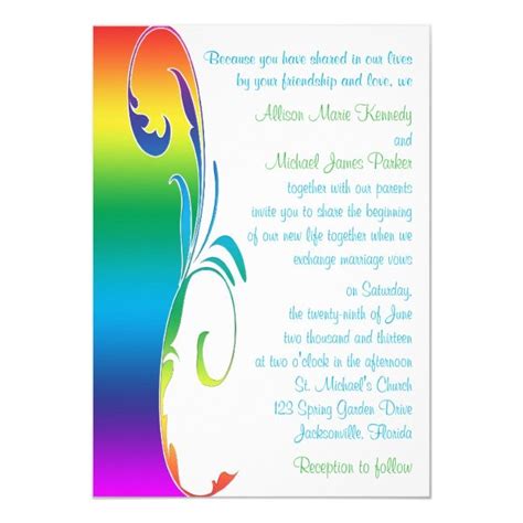 Rainbow Colors Scrolled Wedding Invitation Zazzle Rainbow Wedding Theme Wedding Invitations