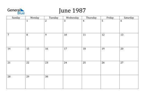The calendar week of today ➜ overview with all calendar weeks of the year. June 1987 Calendar (PDF Word Excel)